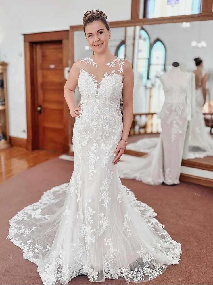 Elegant Sheer O-neck Mermaid Wedding Dresses for Bride  Appliques Sleeveless Wedding Party Bridal Gwon Vestido De Novia