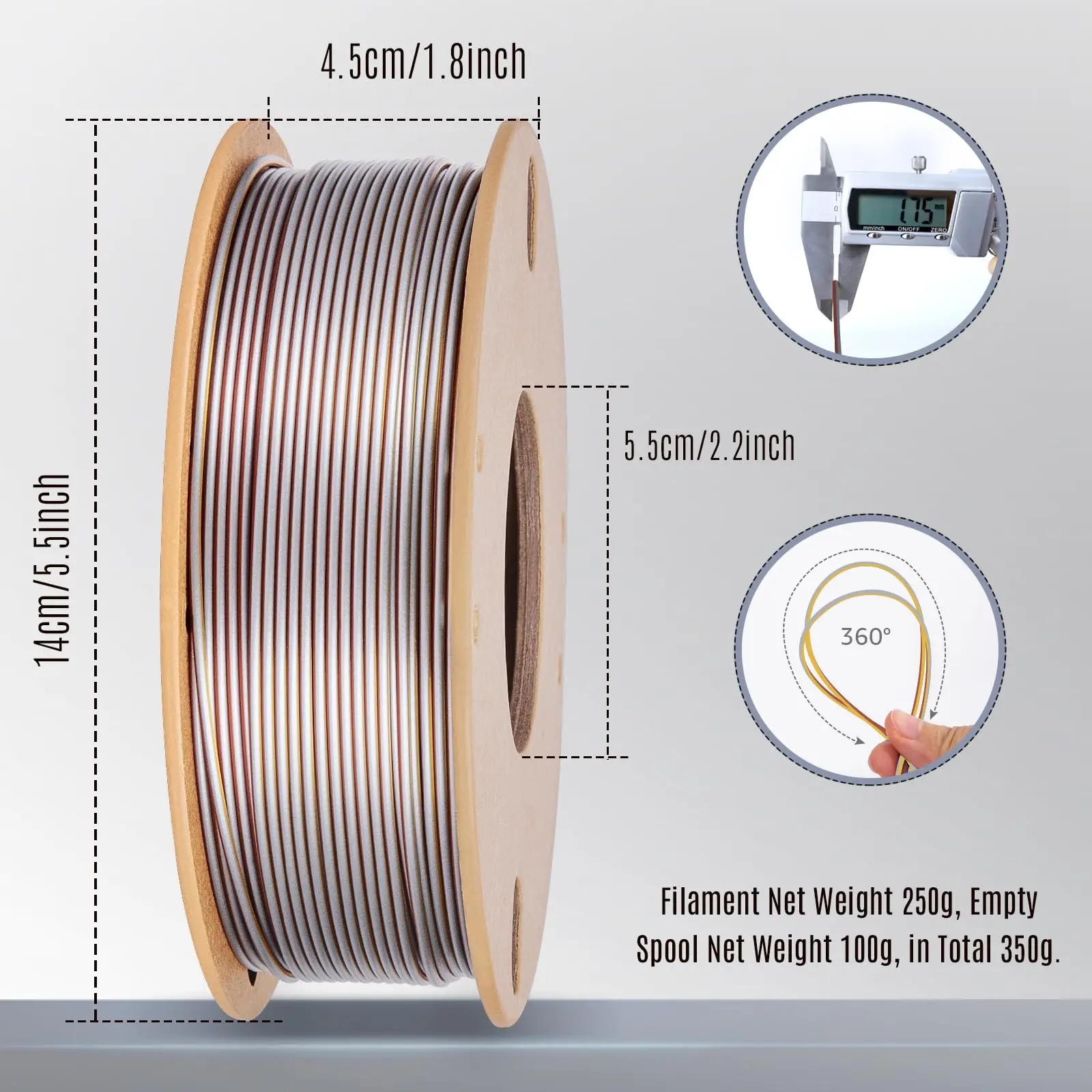 Filamento de impresora 3D PLA+ tricolor de seda, 1,75 mm, sin enredos, filamento bien enrollado, peso neto, carrete de 250 g, PLA Pro Plus, dorado y plateado