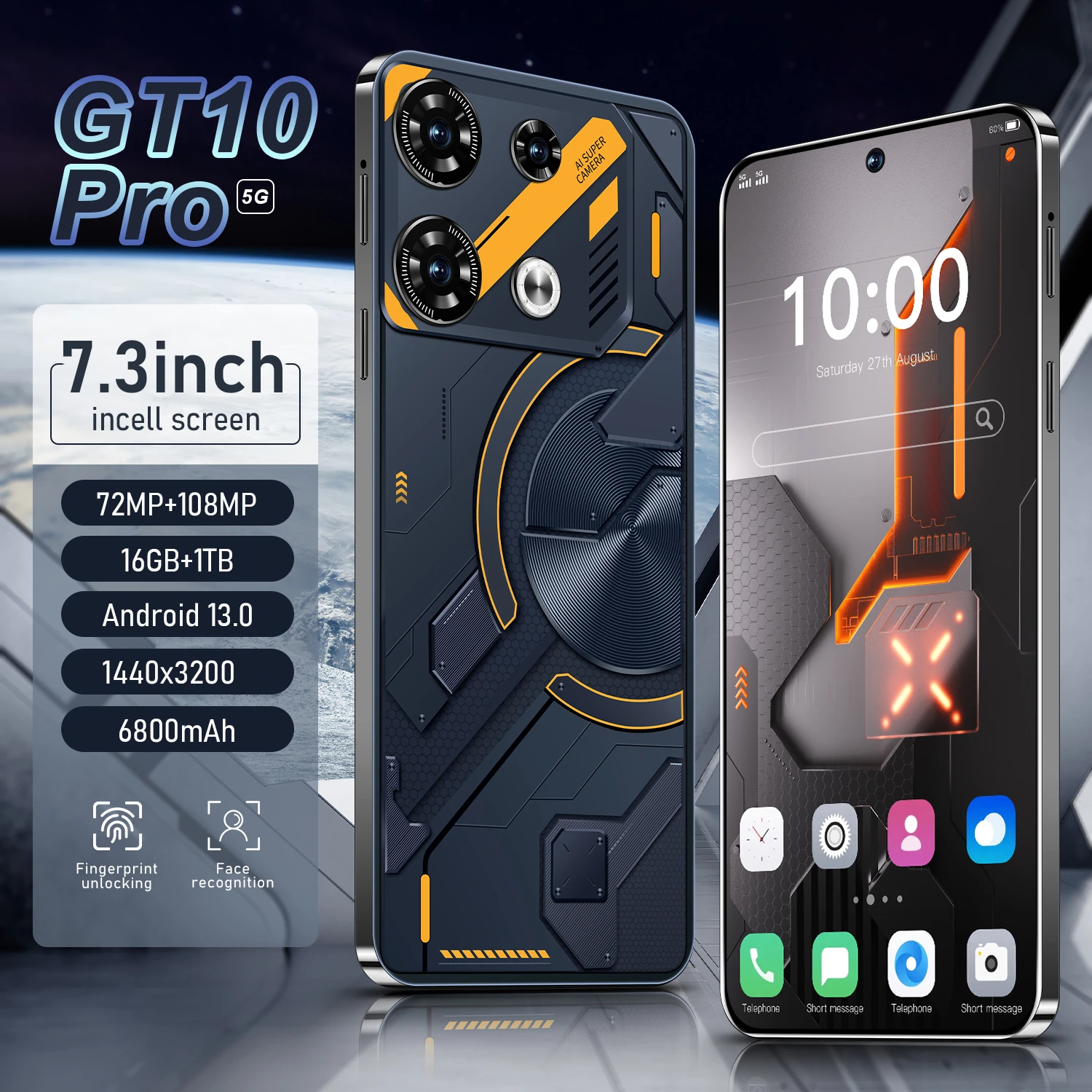 

Глобальная версия GT10 pro 5G смартфон 22 ГБ + 2 ТБ 7,3 дюйма 6800 мАч Snapdragon 8 Gen 3 Android 14 мобильный телефон 72 МП + камера 108 МП