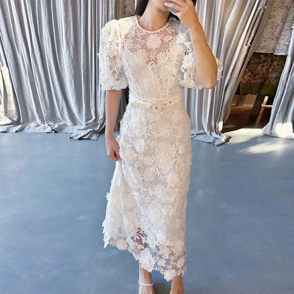 20158# Real Photos Elegant Puffy Sleeves Lace Wedding Dress For Bride Women O-neck Tea Length Engagement Party Gown 2024