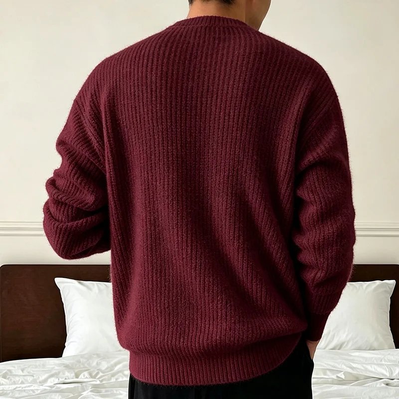 Neuer Herren-Strickpullover in Unifarben für Frühling und Herbst, Lässiger Modischer Pullover mit Gerippter Textur, Langen Ärmeln und Rundhalsausschnitt – Detail 16