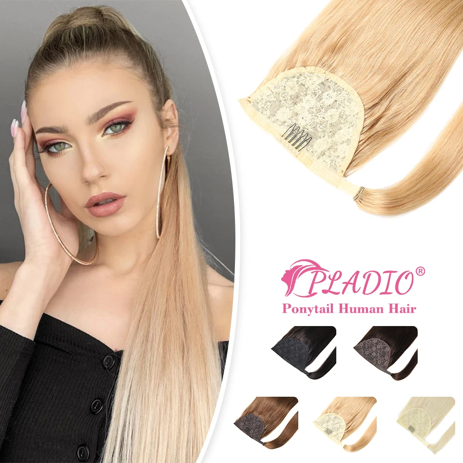 

PLADIO12 "-28" Прямой хвост, человеческие волосы, обертывание вокруг хвоста, 100% настоящие бразильские человеческие волосы Remy, наращивание хвоста, 60-160 г