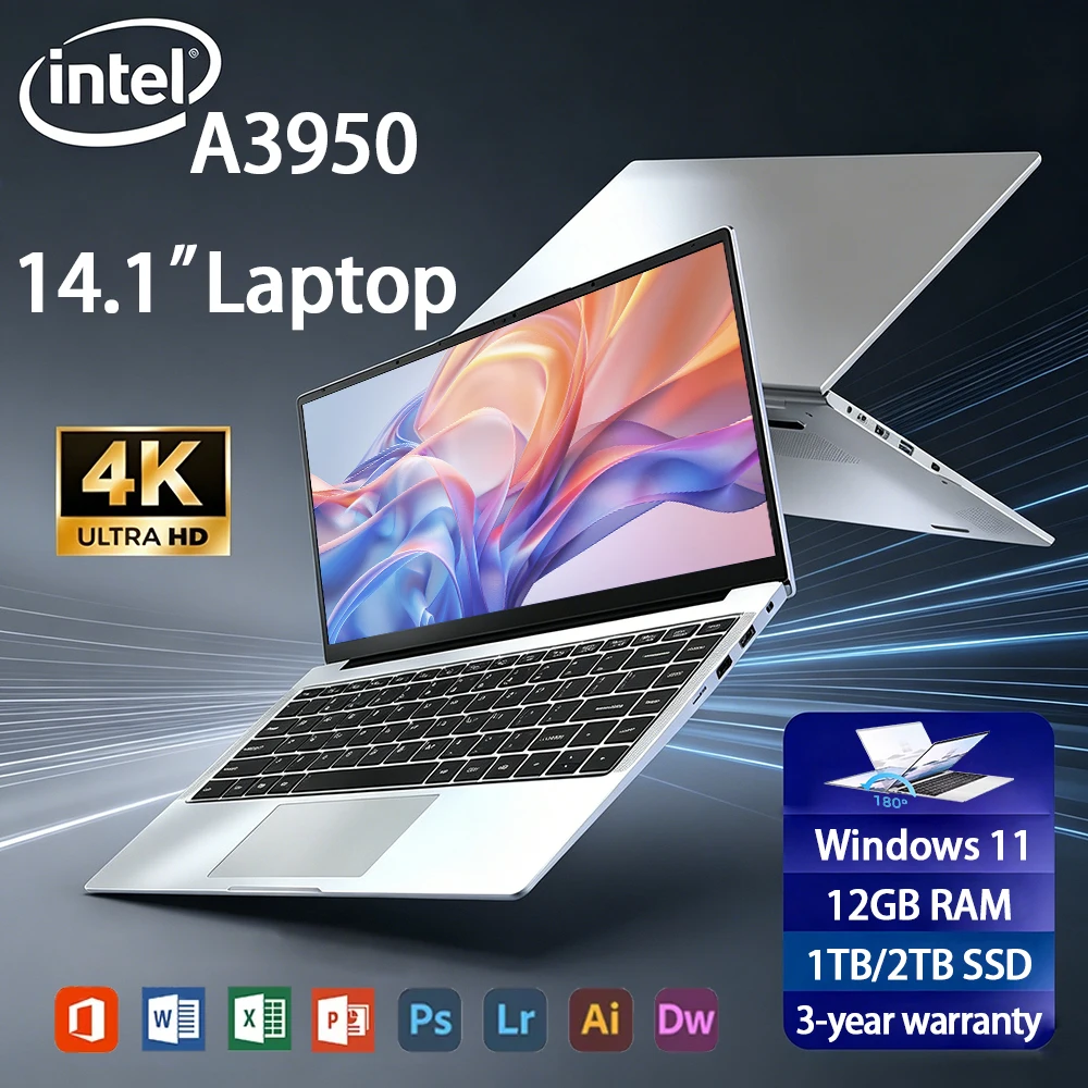 Portátil de 14.1 Pulgadas, Intel Atom A3950, Windows 11, 12GB RAM, 1TB/2TB SSD, para Oficina, Estudio y Juegos