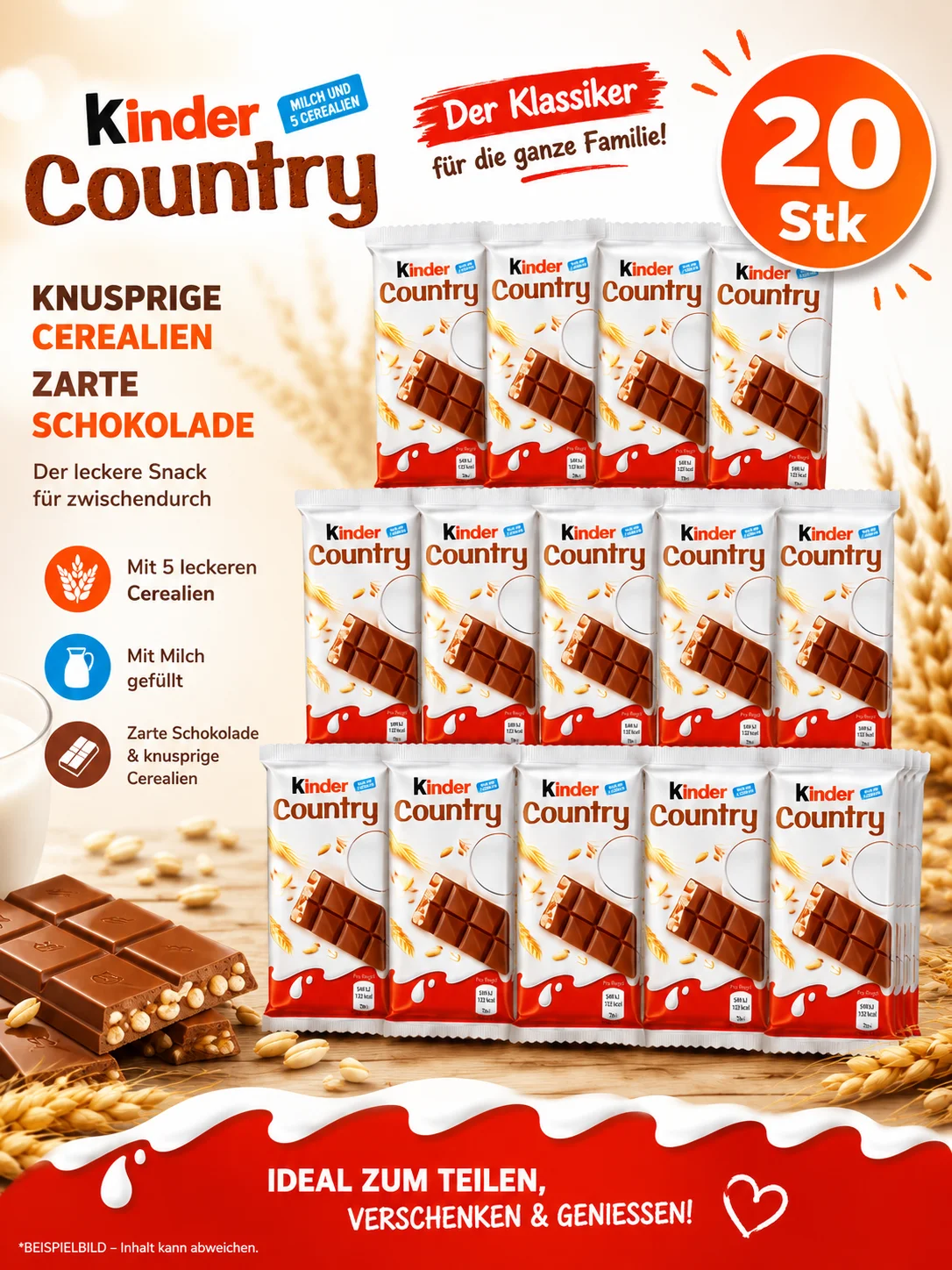 Kinder Country 20er Display 470g – 20 x 23,5g Schokoriegel Thekendisplay Großpackung
