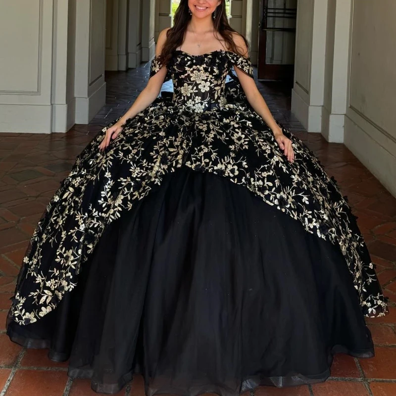 Customized Black Sparkly Quinceanera Dresses Off Shoulder Sequin Gold Appliques Lace Flower Beads Ball Gown Sweet 16 Dress Party