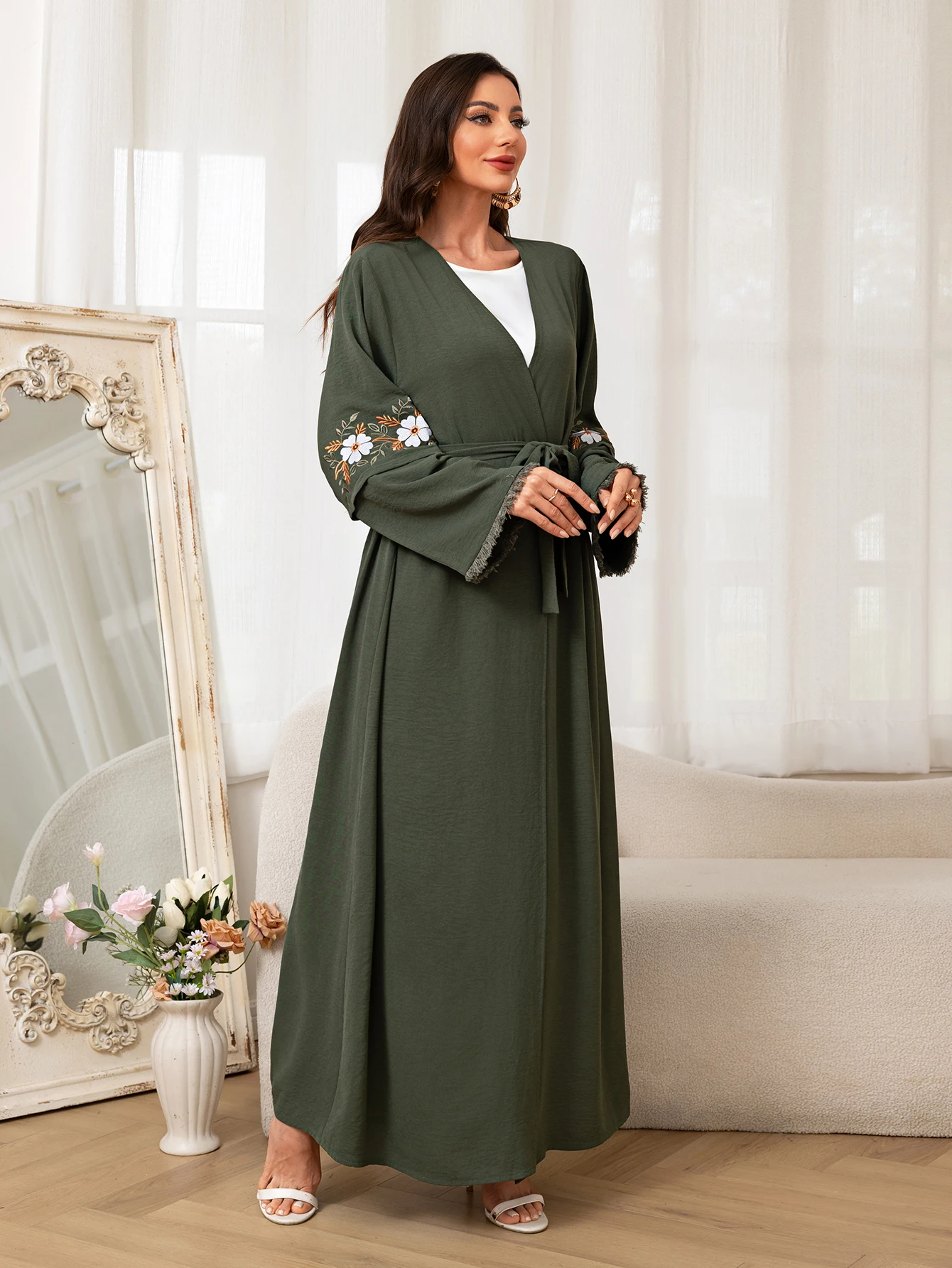 

Stylish Green Muslim Abaya Floral Sleeve Embroidery Belted Daily Wear Ramadan and Festive for Saudi Arabia in the Middle East