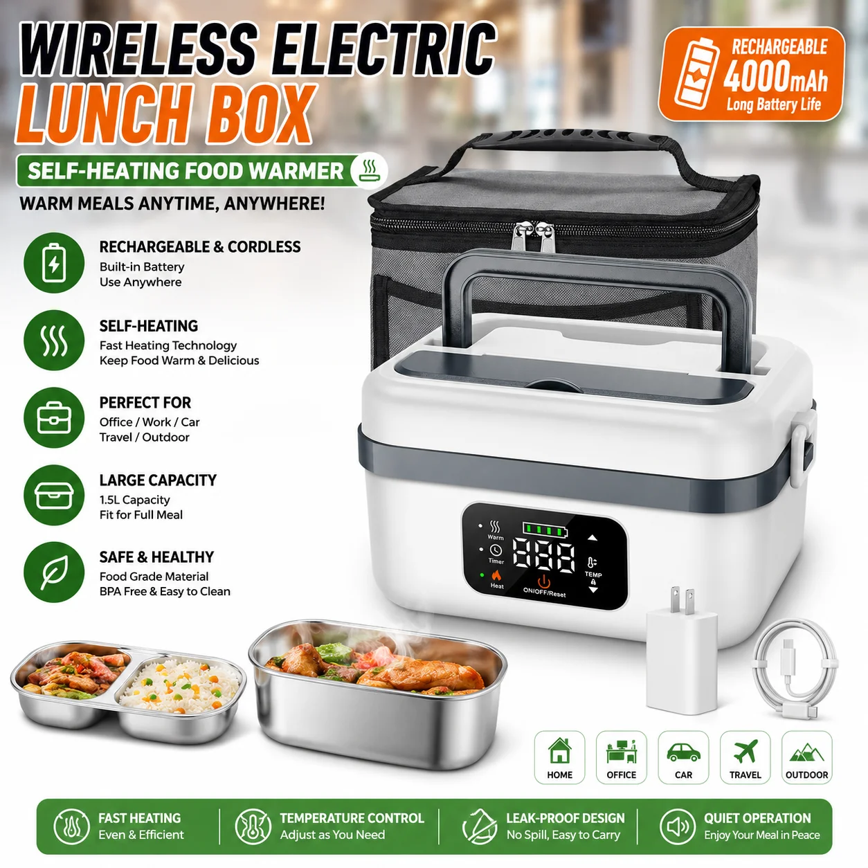 Lonchera Eléctrica Inalámbrica, Calentador De Comida Autocalentable Recargable, Contenedor De Almuerzo Portátil Con Calefacción Para Coche, Oficina, Trabajo, Viajes, Calentador De Comida Térmico Con Carga Usb, Lonchera Bento — -73%, 139.59€ Coupon, from 49.94€ – 73% descuento – €49.94