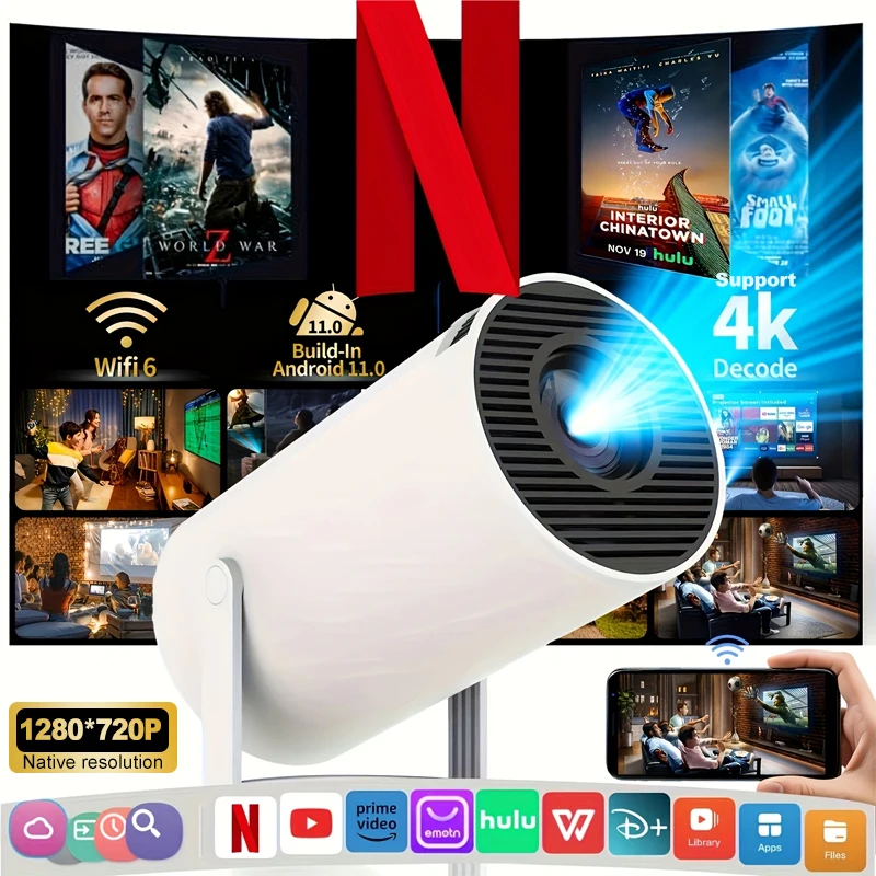 ZNLYRION HY300 Portable Smart Projector Android 11 4K Decode Native 1280*720P 260ANSI Wifi6 BT5.0 180° Rotatable Home Cinema Outdoor Movie Projector