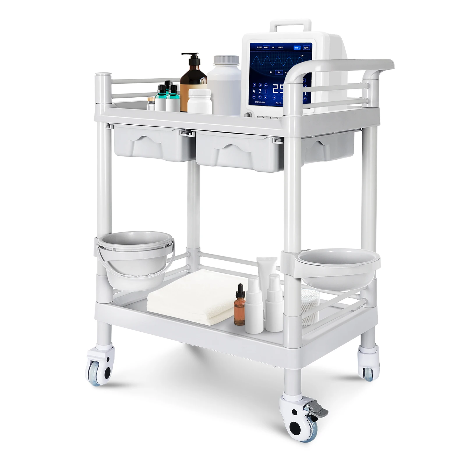 Mobile Trolley Cart with Wheels 2-Shelf Medical Rolling Trolley 330Lbs Max Load Heavy Duty Utility Storage Cart with Dirt Bucket