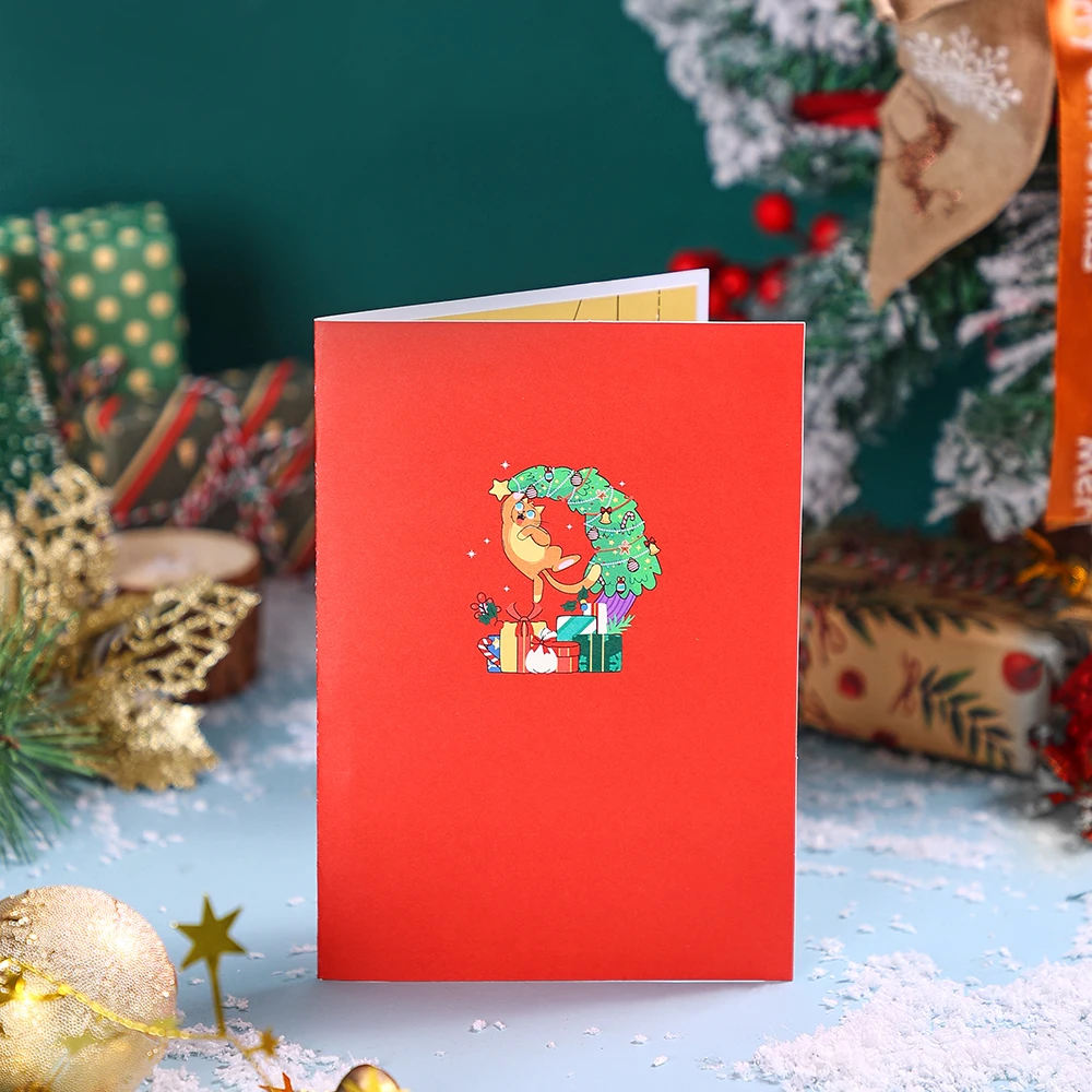 Christmas Greeting Card Crescent Shape Xmas Tree Gifts Cute Nauty Cat Greeting Cards Creative Party Invitation With Envelope