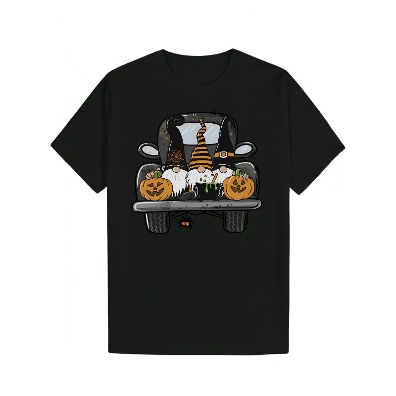 

Men'S Halloween Themed Cartoon Car Graphic T-Shirt Black Casual Short Sleeve Tee with Pumpkin Witch Hat Design Comfortable Round