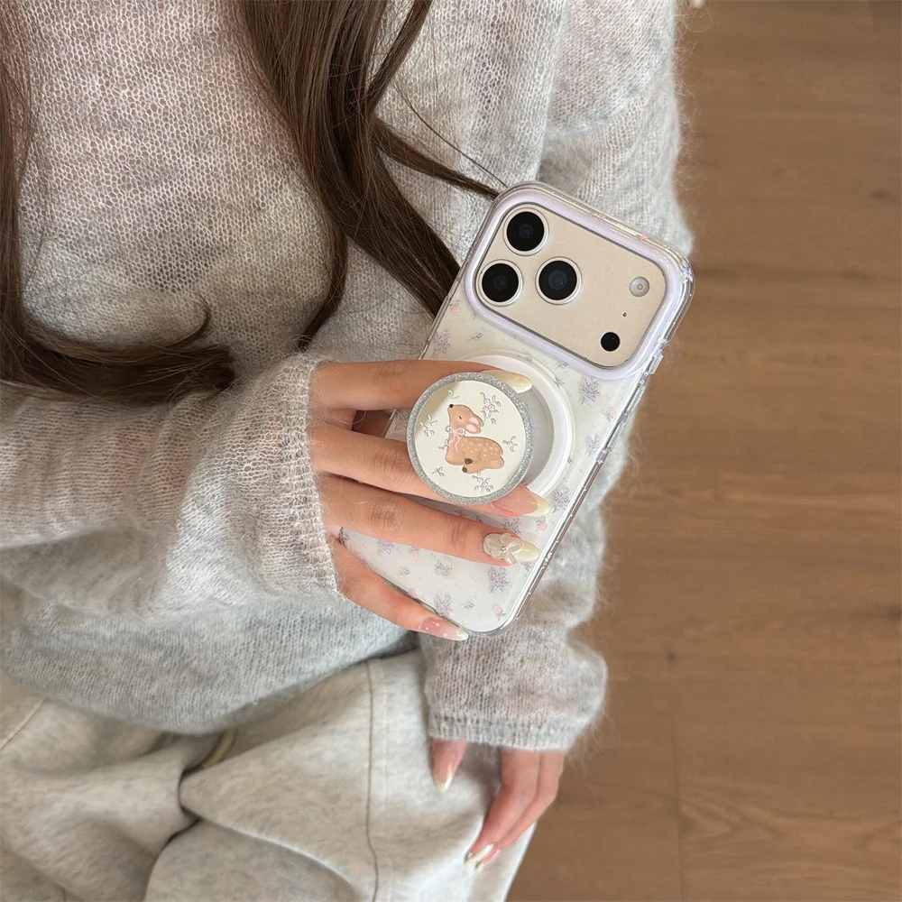 Cute Little Flower Phone case With Magsafe Glitter Mirror Deer Holder cover for iPhone 16 Pro 15 Pro Max 13 14 17 Magnetic Cases