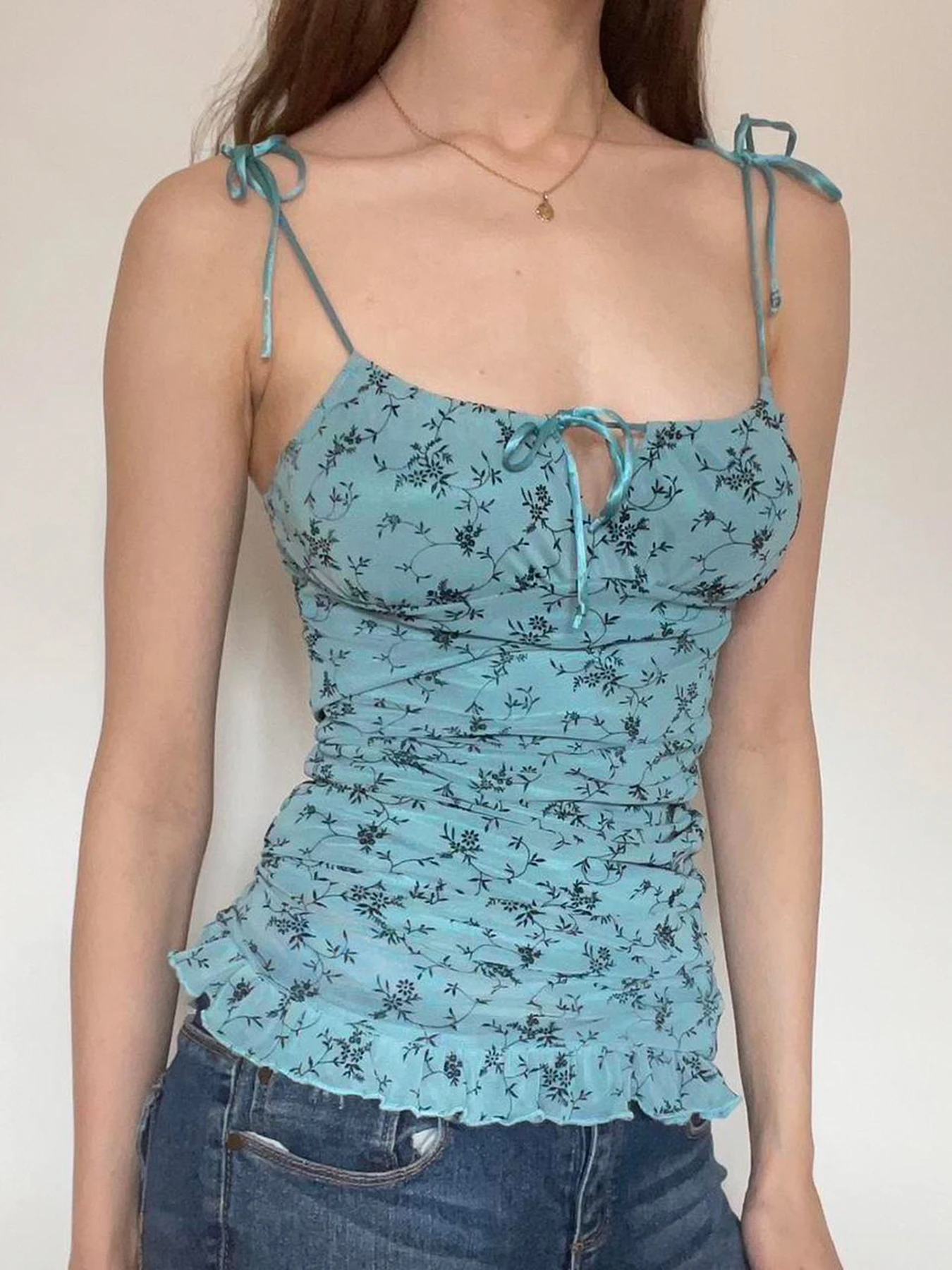 [RUOKE] Vacation Floral Print Camisole Tops For Women Spaghetti Strap Mesh Vests Sweet Valentine Day Y2K Tank Tops Spring Summer