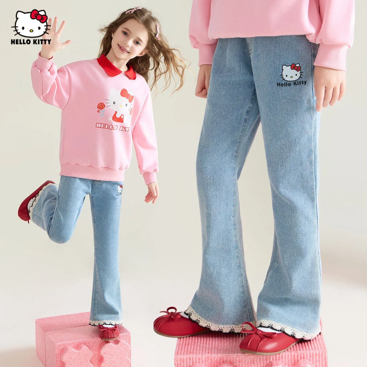 

[Genuine Licensed] Sanrio Hello Kitty Girls' Autumn Lace-Edged Pants Sweet Jeans Exquisite Feel High-Waisted Slimming Soft Fabri
