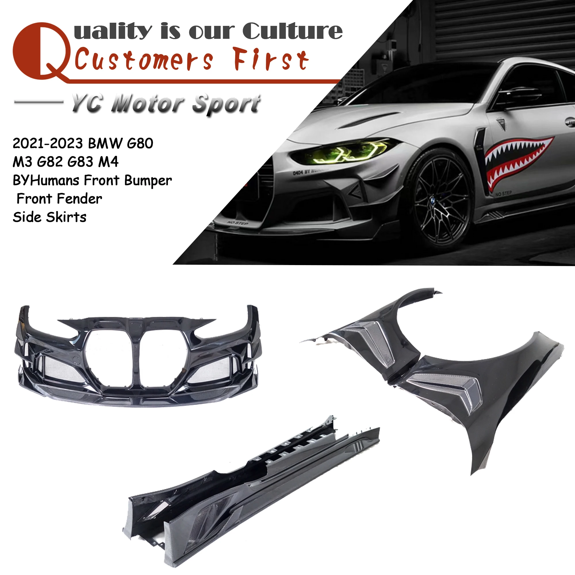 Car Accessories CF Carbon Fiber BYHM Style Front Bumper & Front Fender & Side Skirts Fit For 2021-2023 BMW G80 M3 G82 G83 M4