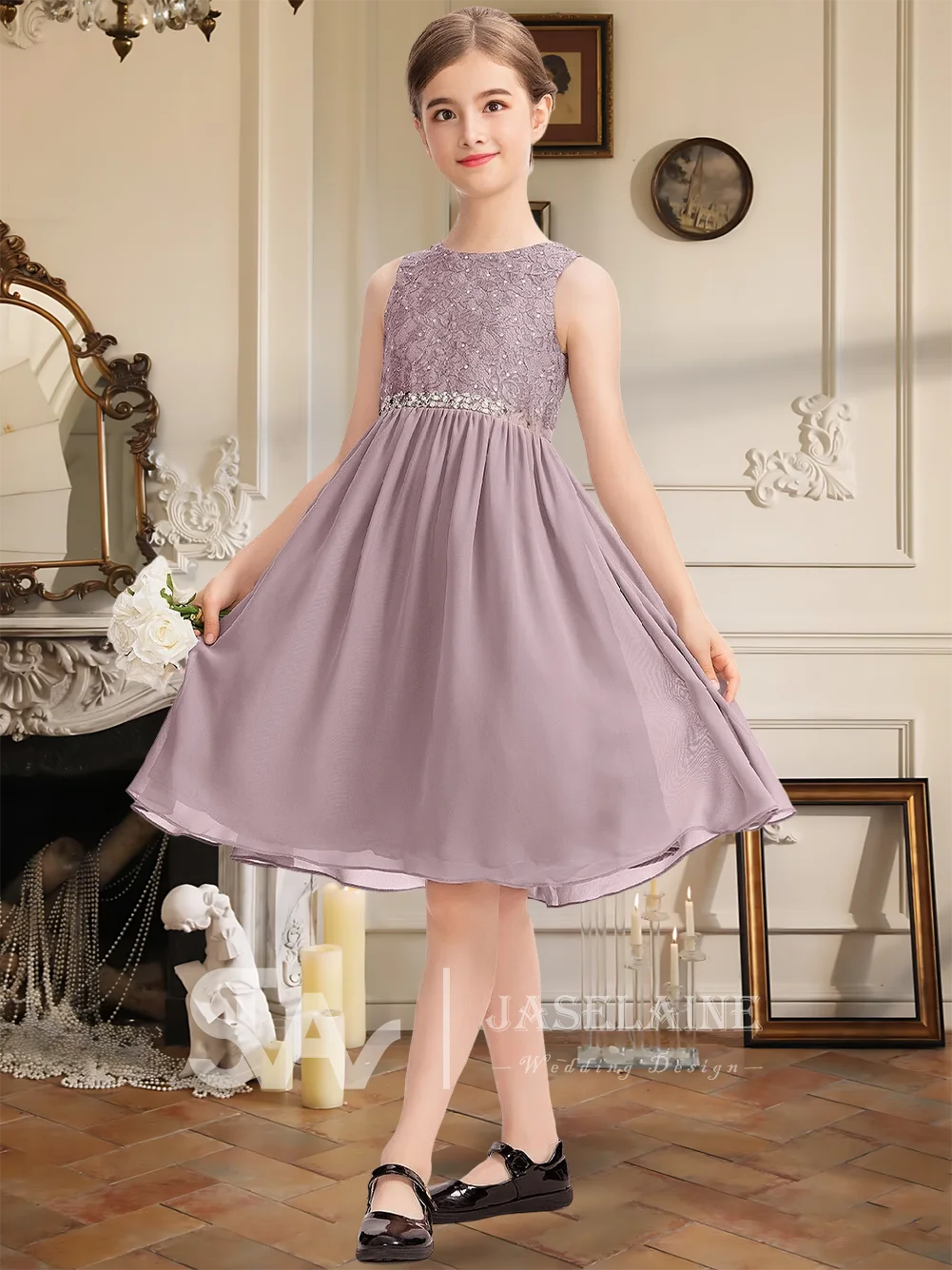 Elegant Junior Bridesmaid Dress Chiffon Lace Beading Scoop Flower Girl Dress With Bow Knee-Length A Line Wedding Party Gowns