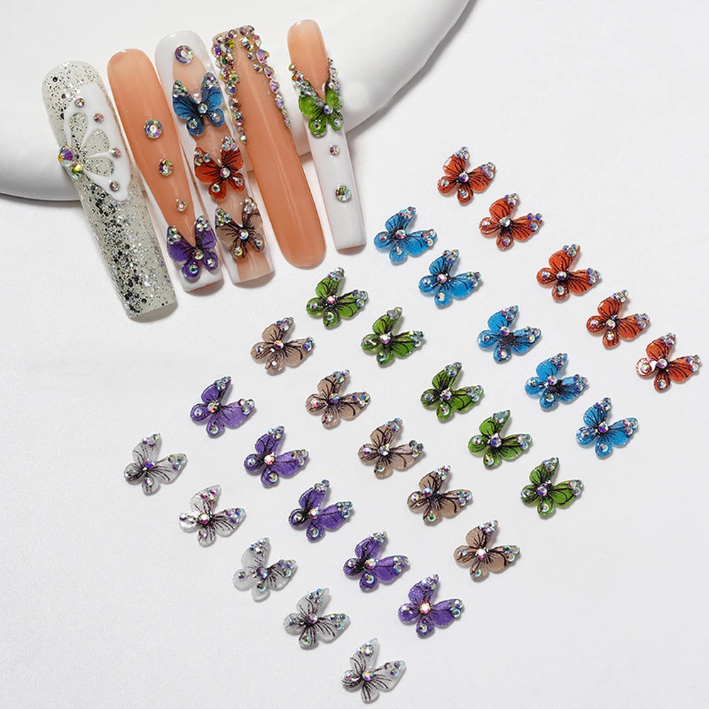 10Pcs 3D Acrylic Butterfly Nail Art Charms Aurora AB Diamond Butterflies Nail Rhinestone Decorations Cute DIY Nail Accessories