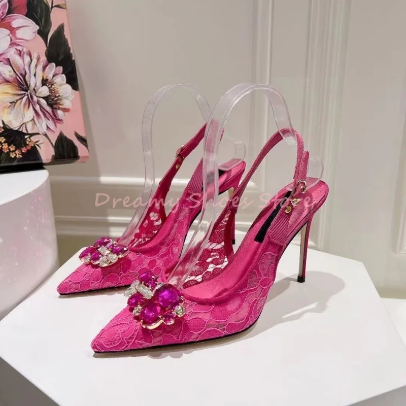 

Pink Lace Flower Decor Buckle Strap Slingback Sandals Women Shiny Rhinestone Pointed Thin High Heels Luxury Party Wedding Shoes