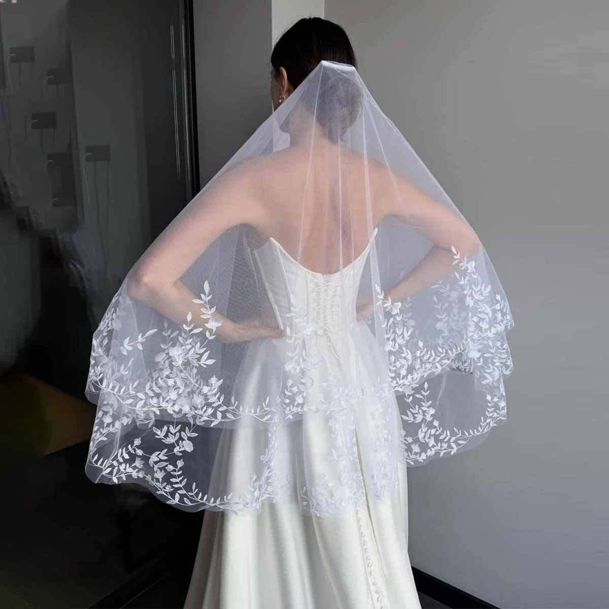 

High Quality Wedding Veil Tulle Two Layer Applique Bridal Veil for Bride for Marriage Wedding Accessories Customized