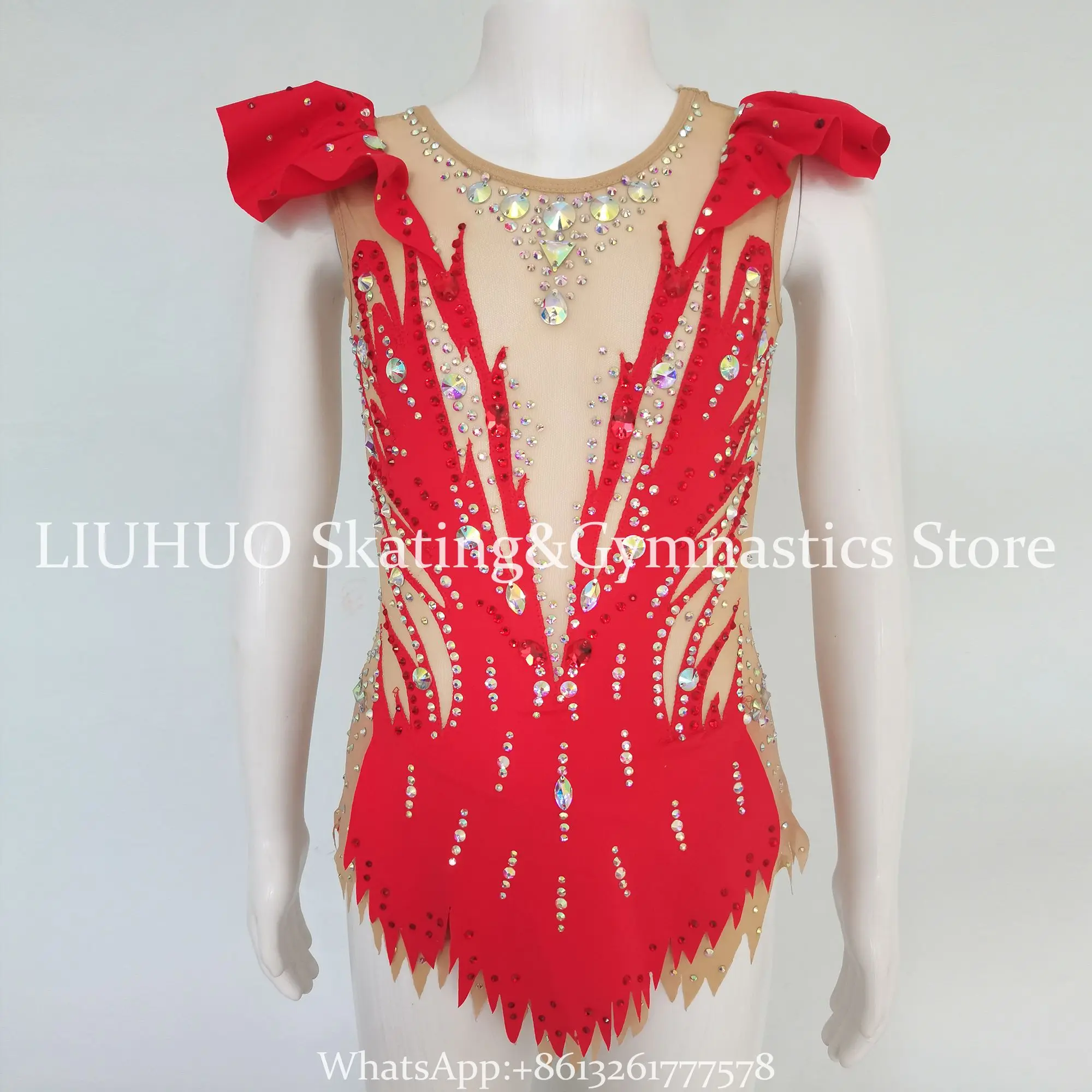 Rhythmic Gymnastics Leotards Girls\' Women Red Ice Figure Skating Dress Sleeveless Dancewear Competition Dress