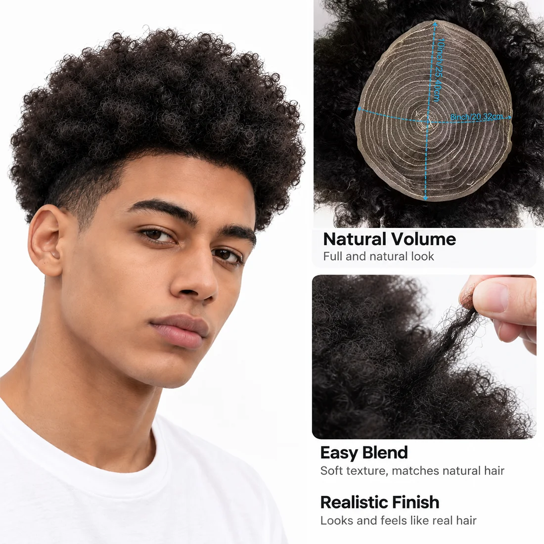 Men’s Afro Human Hair Wig 8x10 Net Base Fluffy Kinky Curly Hairpiece Natural Look for Everyday Wear and Party Styling