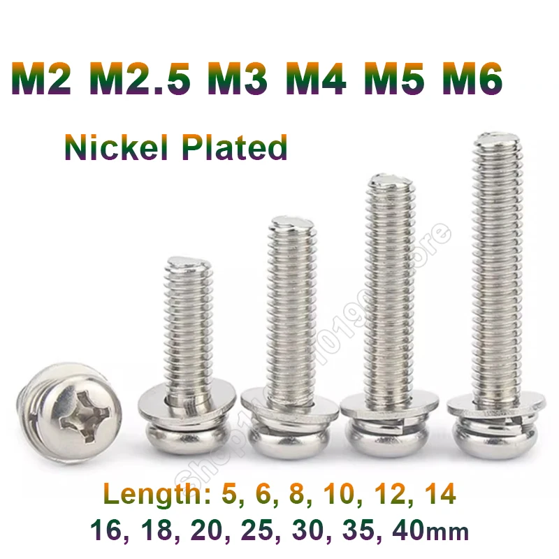 20-100pcs M2 M2.5 M3 M4 M5 M6 Nickel Plated Cross Round Phillips Pan Head SEM Screw Flat Washer Spring Gasket Assemble Bolt