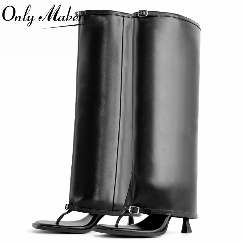 

Женские черные сандалии-ботинки Onlymaker с открытым квадратным носком, на высоком каблуке-шпильке, с отворотом до колена