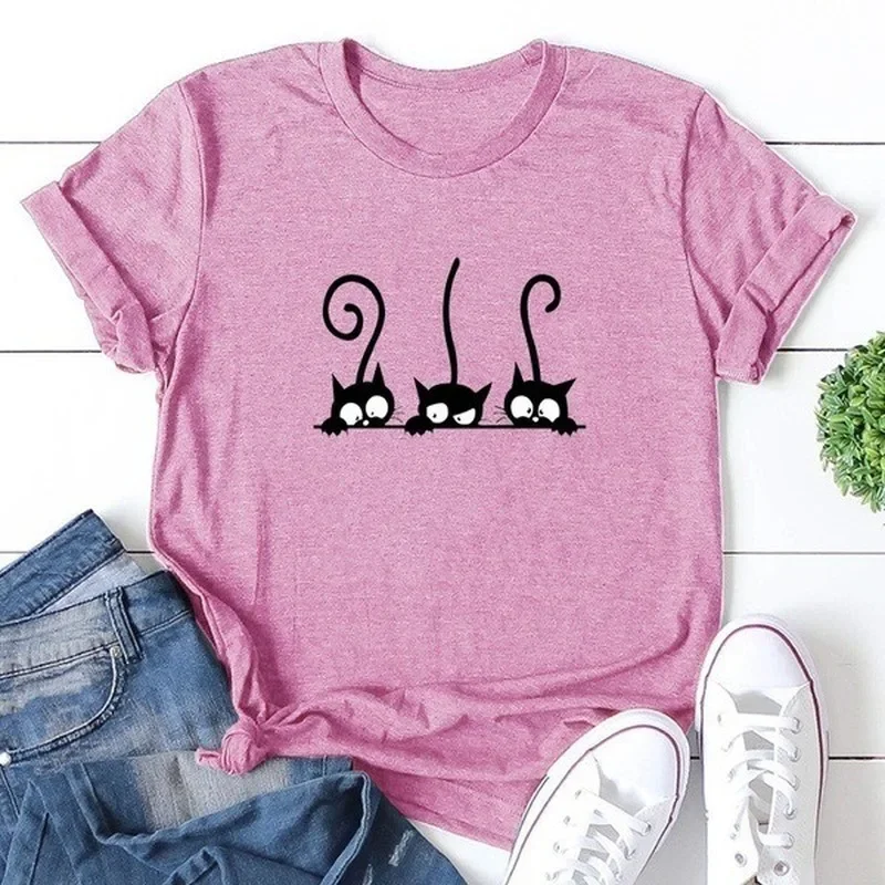 Drei Black Cat Print T Shirt Frauen Kurzarm O Neck Lose T-shirt Sommer Frauen T Shirt Tops Camisetas