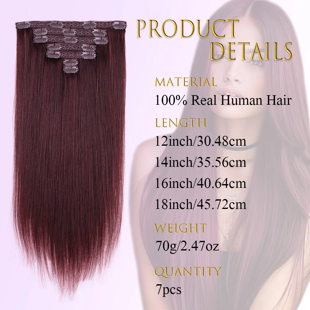 12-18 Inch Clip In Hair Extensions Real Human Hair 7pcs Human Hair Extension Clip Ins Burgundy Wine Red Long Full Head For Women