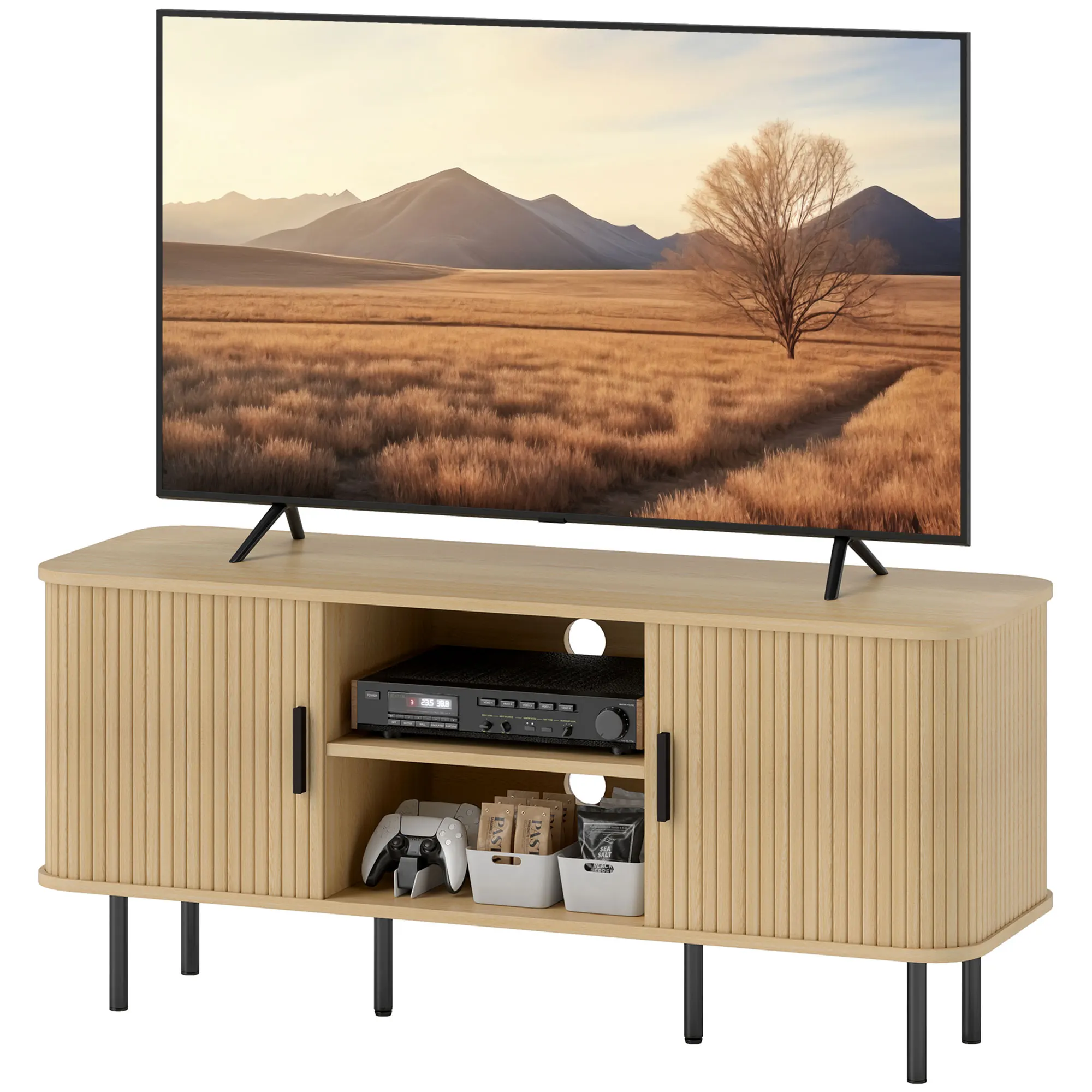 Mueble para TV de 120 cm en tono roble, unidad de TV nórdica con puertas acanaladas, almacenamiento abierto y cerrado, compatible con televisores de hasta 55 pulgadas, consola de entretenimiento moderna para sala de estar o apartamento.