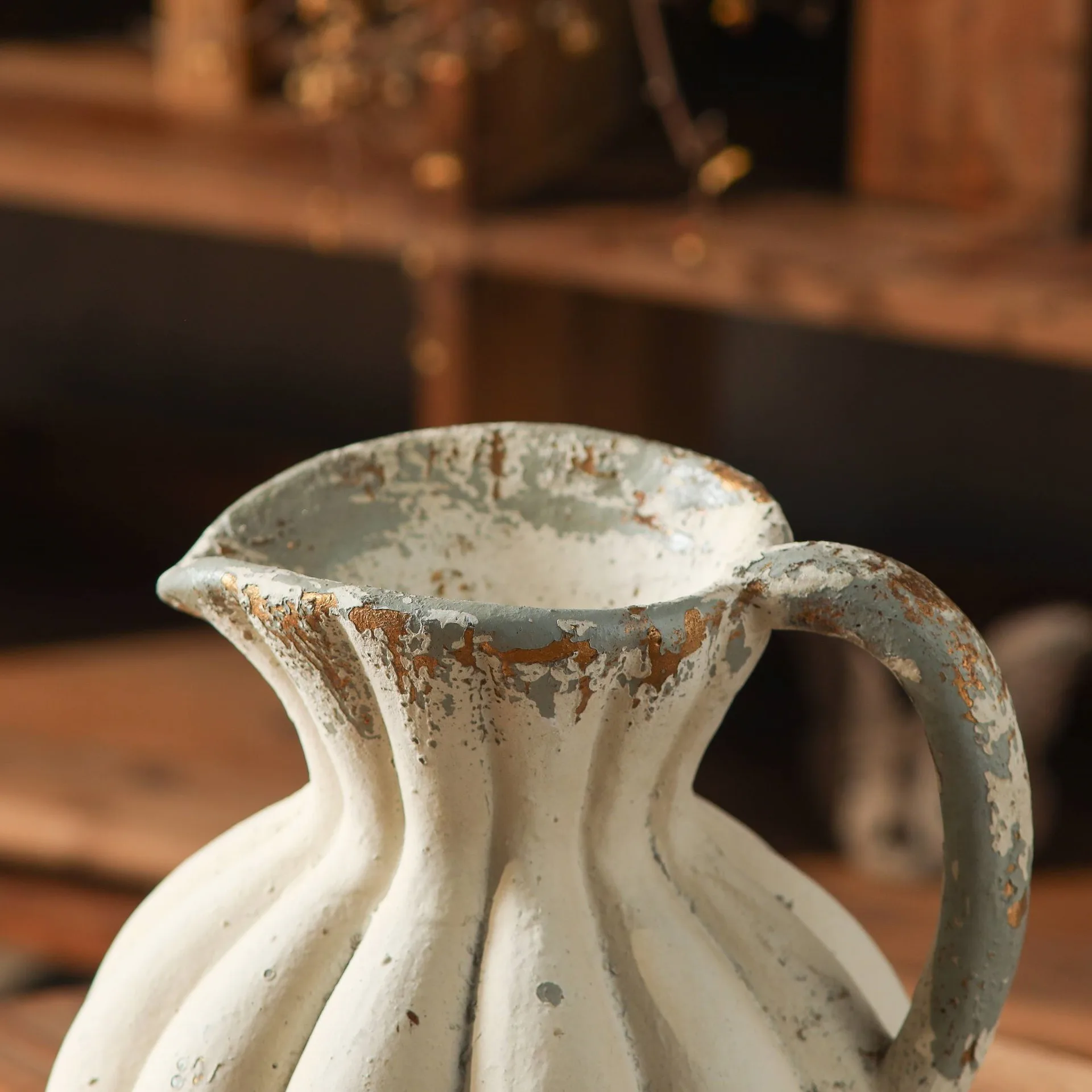 Vintage Rustic MgO Pitcher Vase, Distressed White Jug Flower Vase, Fluted Farmhouse Japandi Decor, Heavy Table Centerpiece