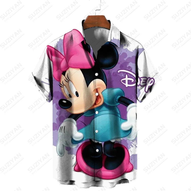 Verão nova disney mickey e minnie impressão dos desenhos animados chinês lapela camisa de manga curta casual doce estilo rua