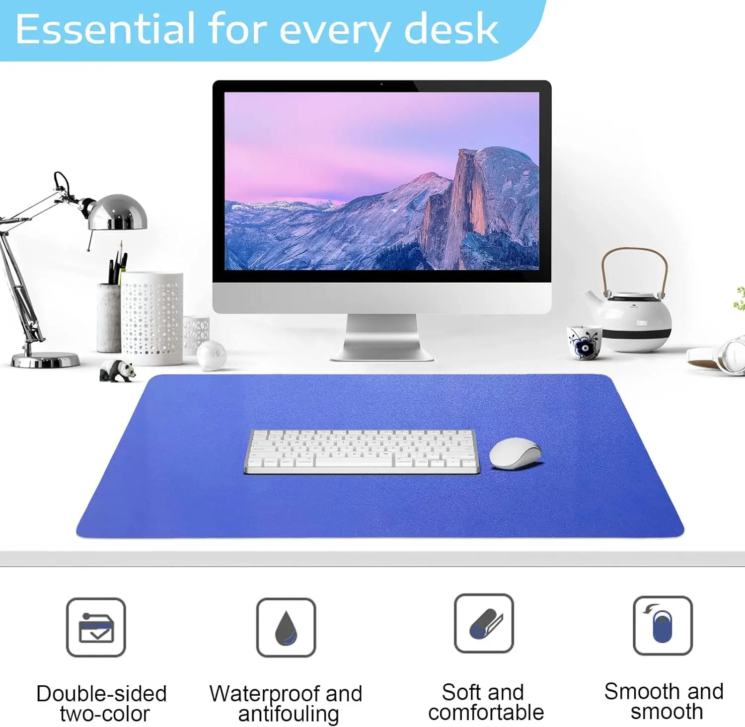 Non-Slip Waterproof Dual Multifunctional Desk Pad 80x40cm,Dual-Side Use Desk Mat Protector (Blue/Yellow)