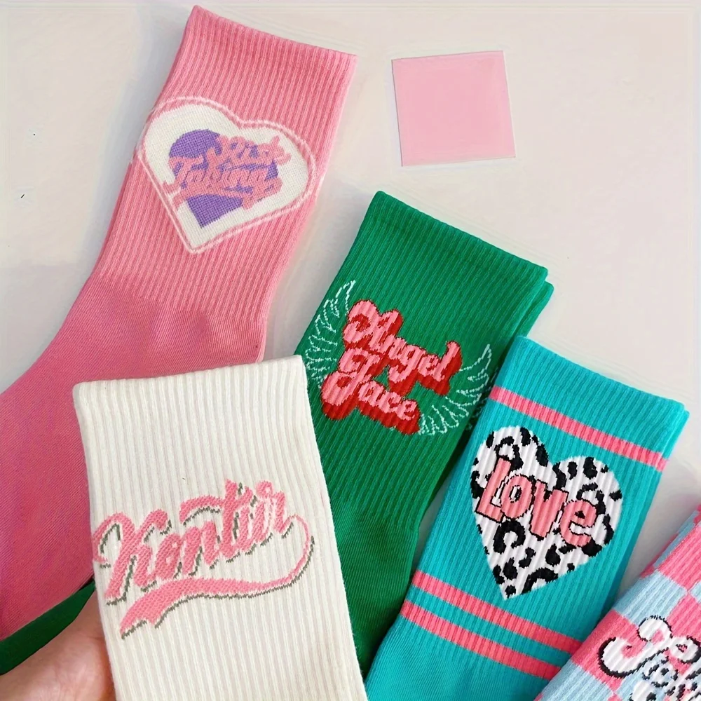 5 أزواج من الجوارب النسائية العصرية والعصرية على طراز الكلية بلون الحلوى، جوارب كاجوال مريحة بألوان الدوبامين #6