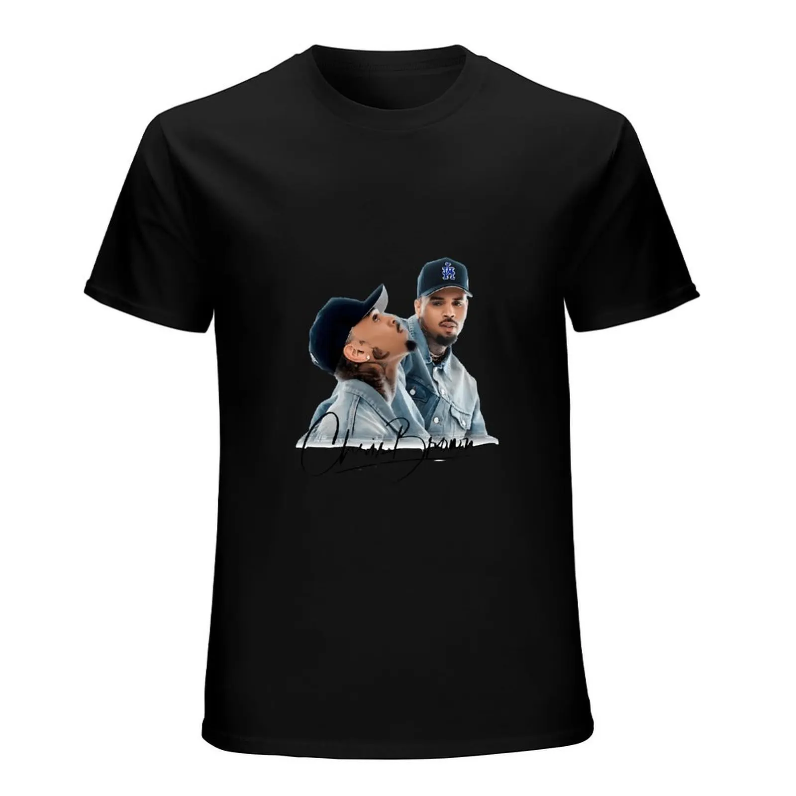 Chris Brown Usher Raymond Denim Outfit Portrait Signature T-Shirt Unisex Retro Hip Hop Casual Black Cotton Short Sleeve Tee