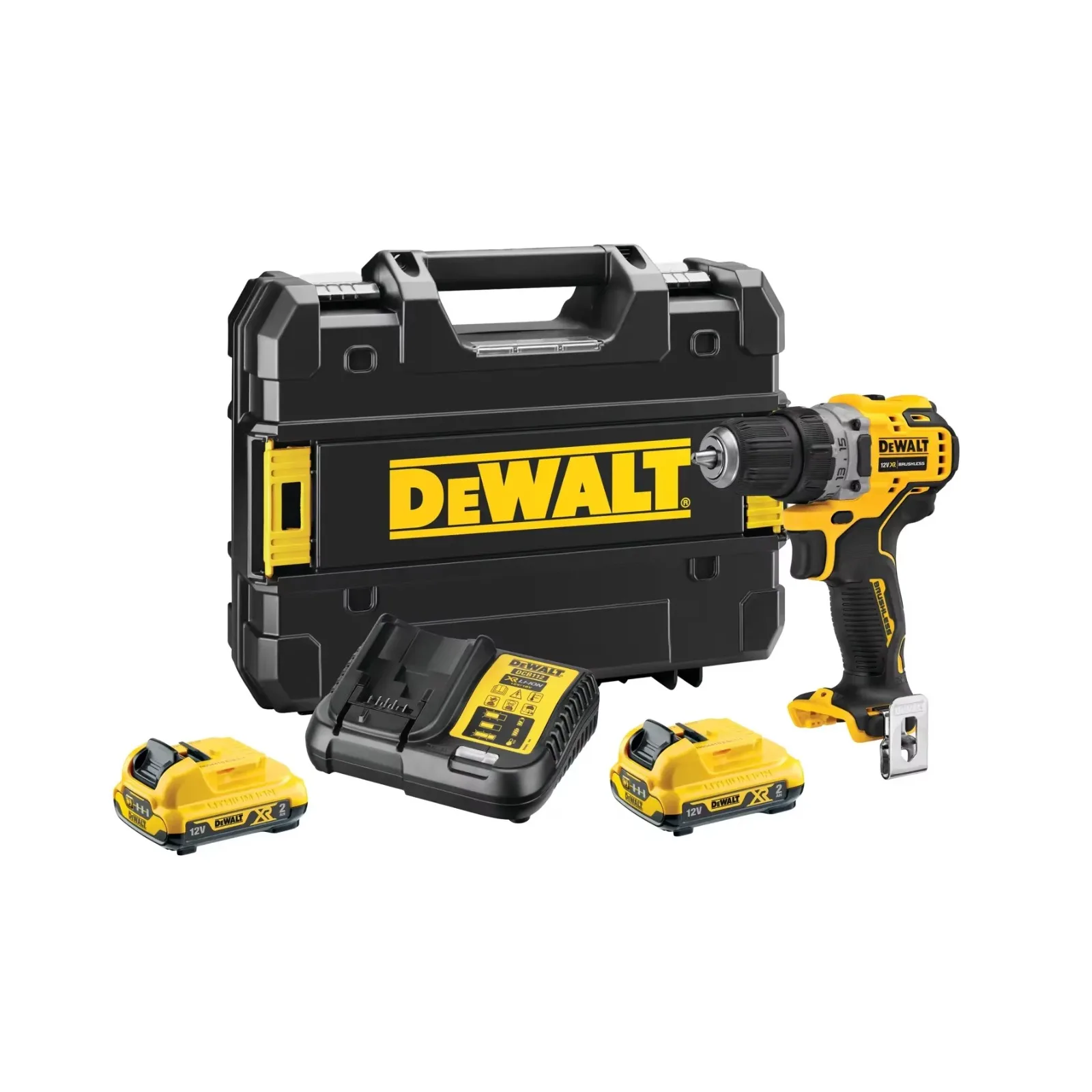 Taladro atornillador sin escobillas Dewalt Dcd701D2-Qw 12V Xr, 2 baterías de 2.0 Ah, cargador Dcb112 y estuche Tstak, 57.5 Nm, mandril de