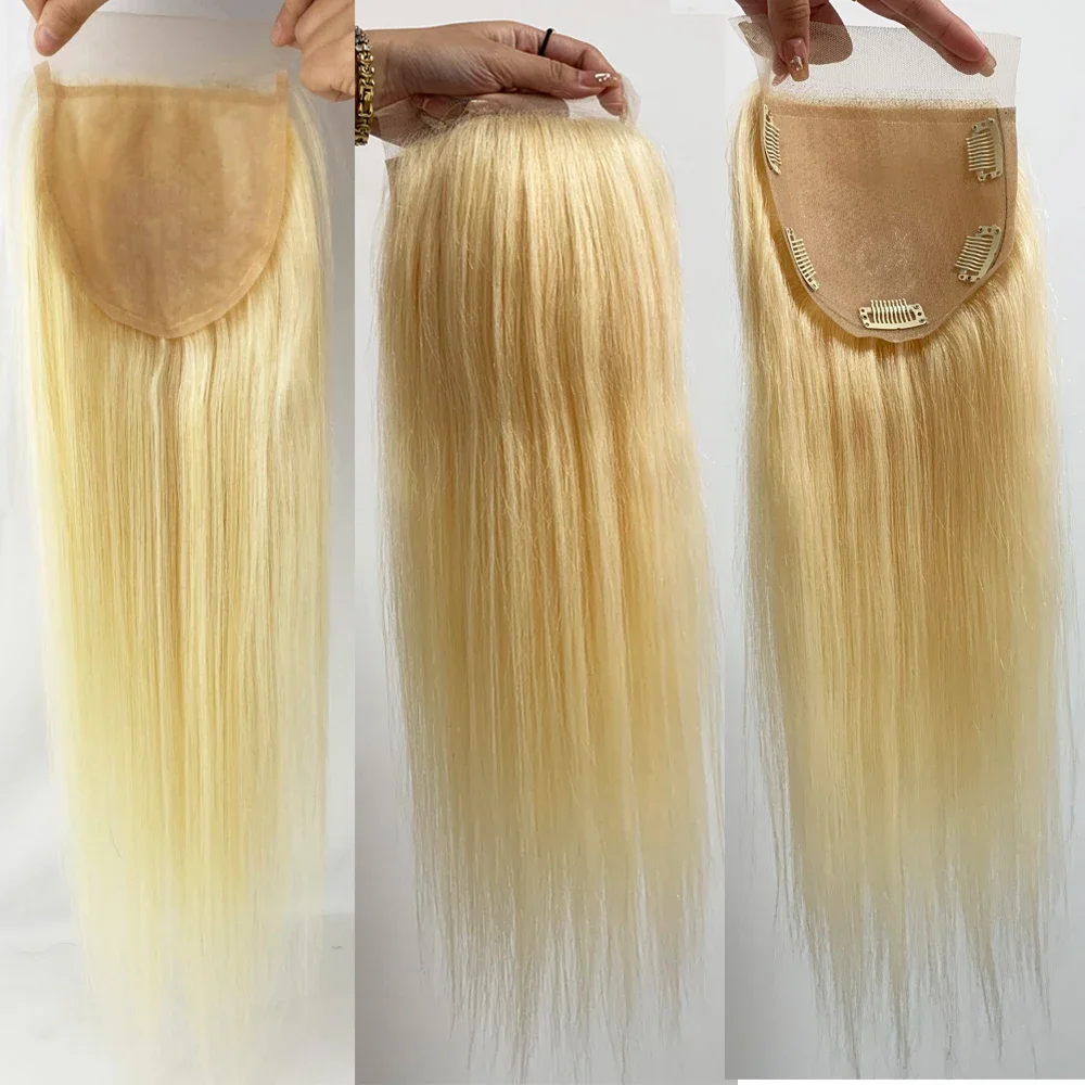 Zijden top met vetersluiting # 613 blonde siliconen huidbasis vetersluiting van echt haar met babyhaarclip in Remy Hair Extensions Topper - afbeelding 2