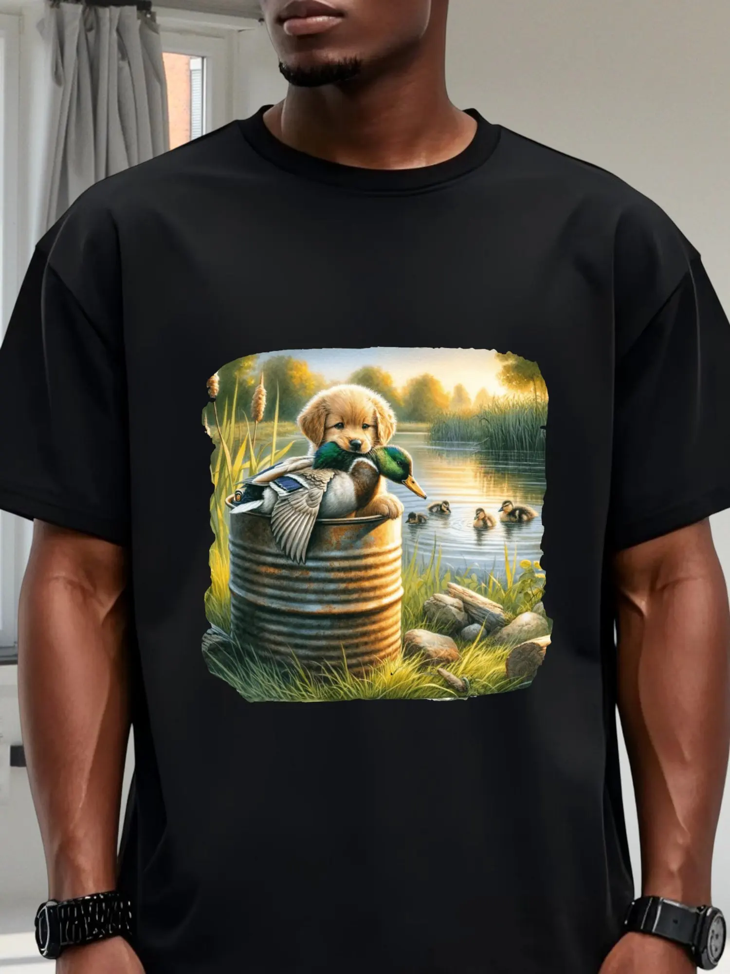 Golden Retriever Mallard Duck Lake Tin Can Vintage Black T-Shirt Outdoor Duck Hunting Wildlife Cotton Casual Short Sleeve Tee
