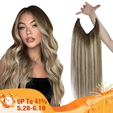 VeSunny Fish Line Human Hair Extension Wire Natural Hair One Piece Invisible Wire Hair Weft with 2 Clips Blonde Soft Remy Hair