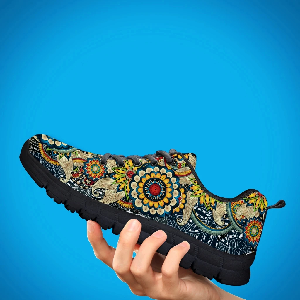 INSTANTARTS Bohemia Paisley Mandala Design Lace-up Flats Lightweight Mesh Sneakers for Women Shockproof Walking Footwear Gifts