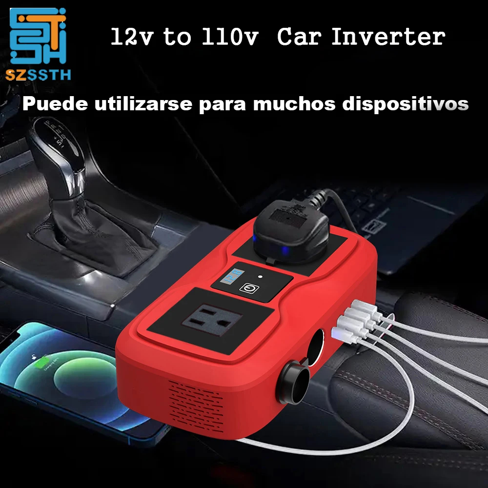 

Car 200W Inverter DC To AC 12V to 110V QC3.0 Type C AC US Socket Auto Mounted Solar Inverter Cigarette Lighter 400W Peak Power