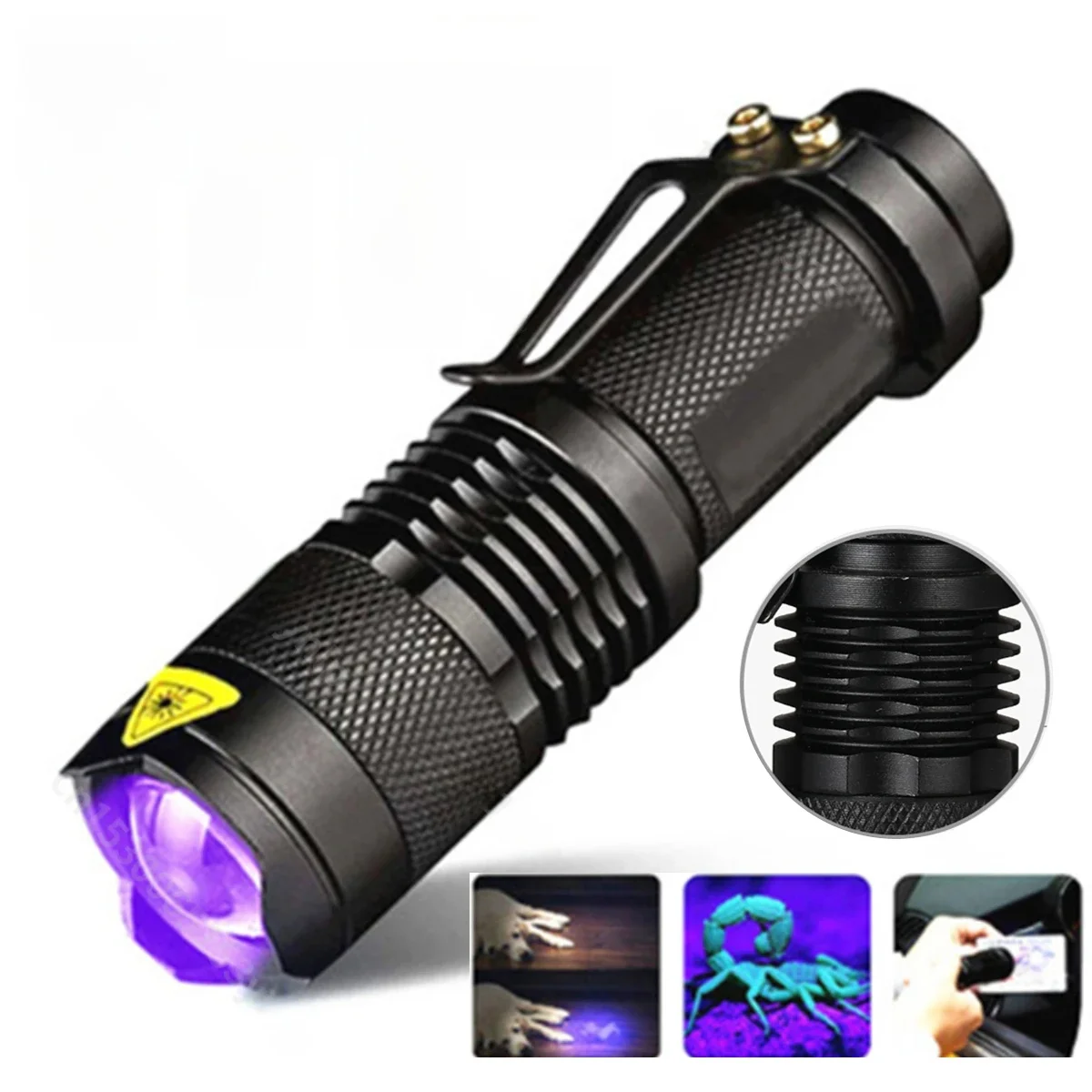 Lampe de poche LED UV portable, 365 nm, 395nm, mini torche ultraviolette, étanche, zoomable, verre, lumière, détecteur d'urine d'animaux, de scorpions