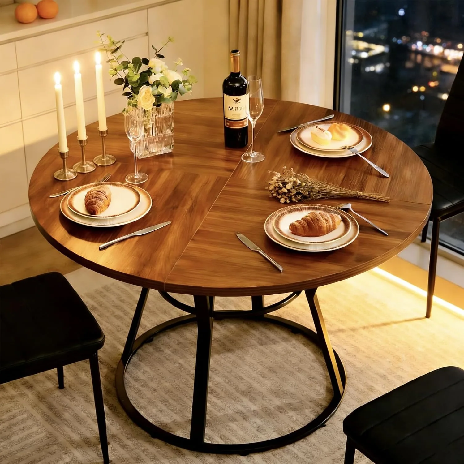 

47” Round Dinner Table for 4 6, Small Circle Dining Room Table with Metal Legs, Modern Farmhouse Rustic Kitchen Table fo