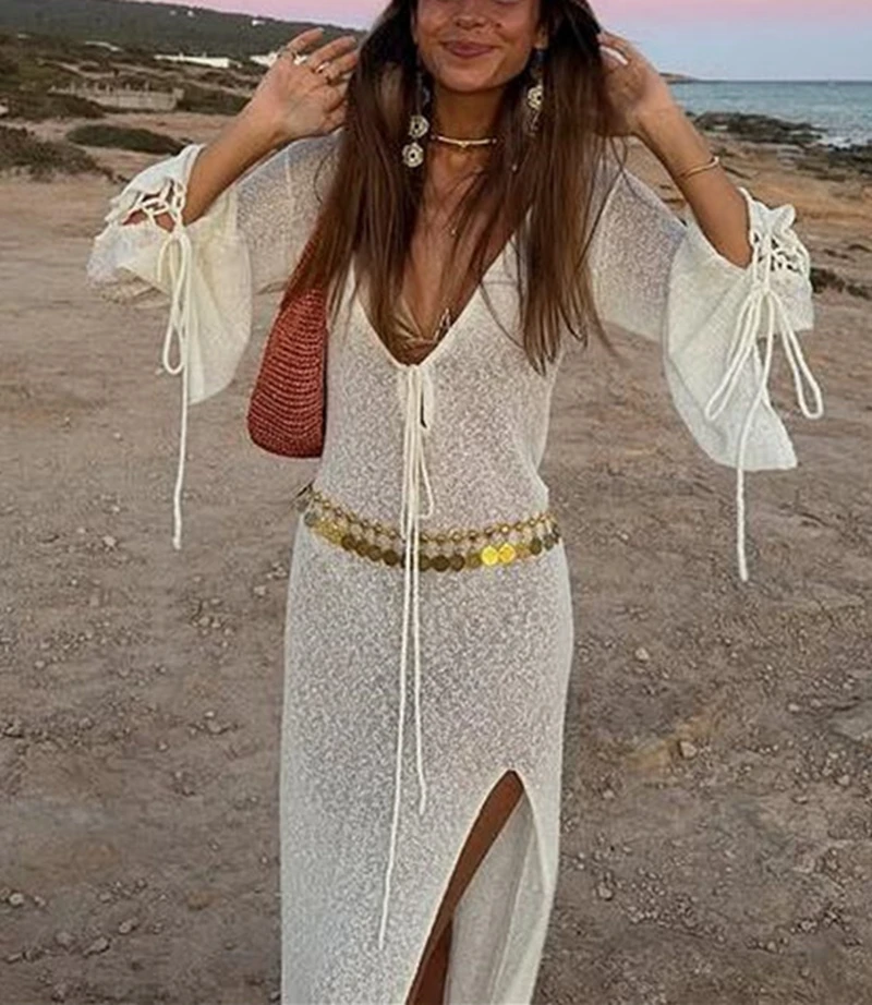 Summer Long Sleeve Deep V Neck High Slit Knit Dress See-through Lace-Up Crochet Bikini Cover-Up Sexy Beach Robe Swimsuit