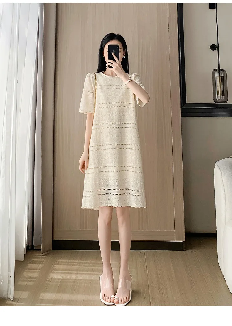 

High-end white dress for women 2025 new summer cover meat cover belly temperament hollow lace skirt