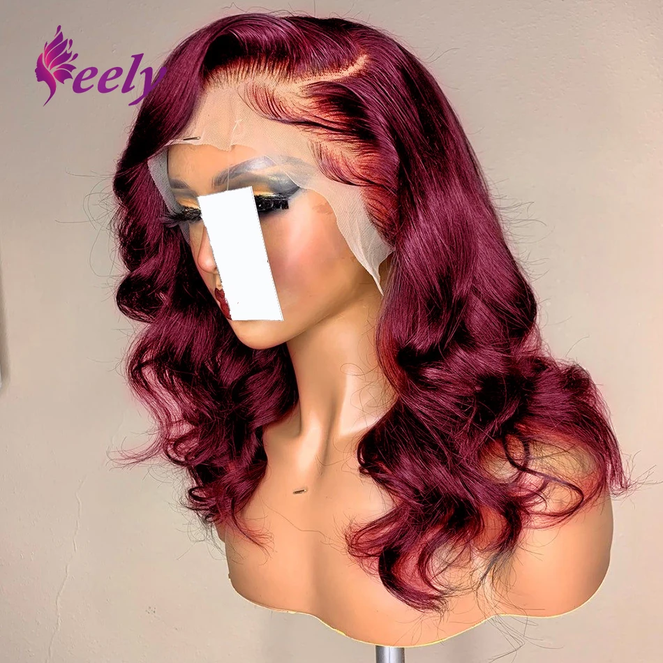 

180% Плотность 99J Бордовый Парик из натуральных волос на кружеве спереди 13X4 Объемная волна Короткий парик Боб Предварительно выщипанный для женщин Парики из 100% человеческих волос