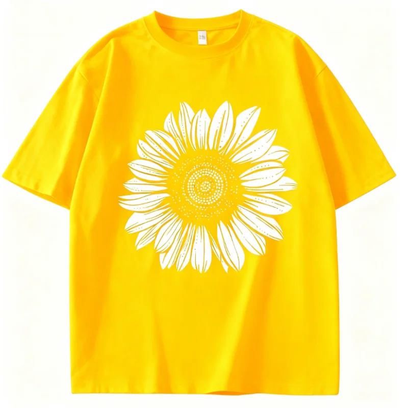 เสื้อยืดโอเวอร์ไซส์ลายดอกไม้สีดำขาว แขนสั้น ผ้าฝ้าย 100% สำหรับผู้หญิง เสื้อคอตตอนแขนสั้นสำหรับฤดูหนาว