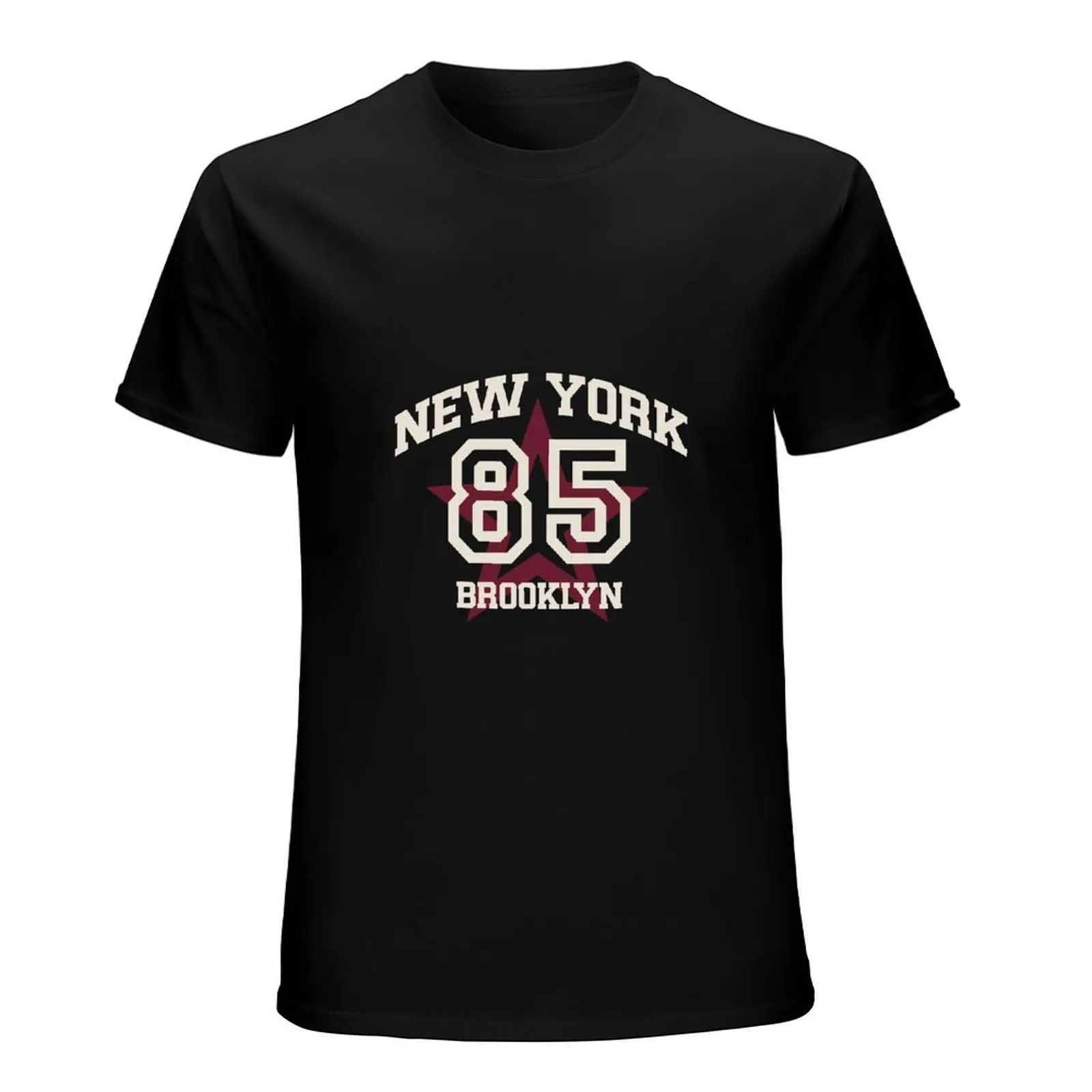 New York Brooklyn 85 Red Star Varsity Letter Print Black Cotton Crew Neck Casual Short Sleeve T-Shirt