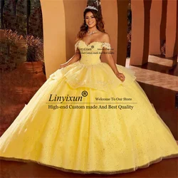 Yellow Off Shoulder Ball Gown Quinceanera Dresses Princess Appliques Lace Sweet 16 Dresses Court Train vestidos quinceañeras