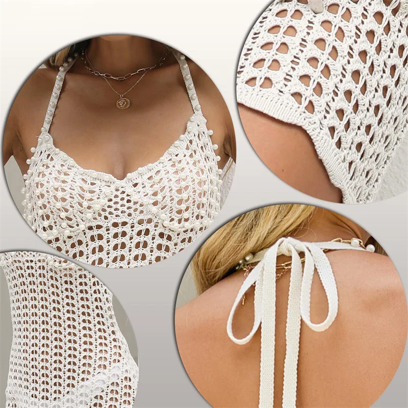 فستان نسائي مثير بدون أكمام بدون ظهر مطرز للشاطئ منسوج قصير شفاف من الكروشيه بيكيني ملفوف ملابس سباحة موضة الصيف